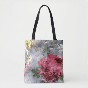 Bolsa Tote Padrão Floral de Cor de Água de Peônias Vermelhas
