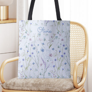 Bolsa Tote Padrão Floral de Flor Bonito Roxo Azul