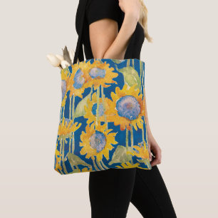 Bolsa Tote Padrão Floral de Girassol Azul