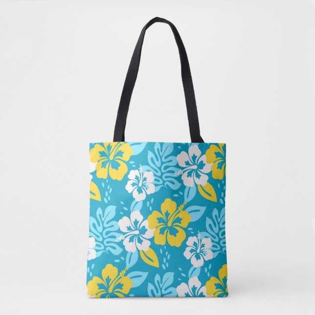 Bolsa Tote Padrão Floral de Hibiscus do Havaí Azul (Frente)