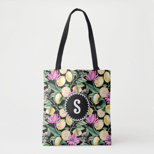 Bolsa Tote Padrão Floral de Limões e Tulipas | Monograma Citr (Frente)