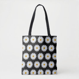 Bolsa Tote Padrão Floral de Margarida Branca em Preto