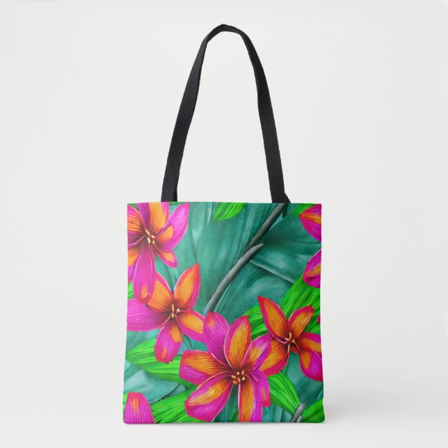Bolsa Tote Padrão Floral de Paraíso Tropical (Frente)
