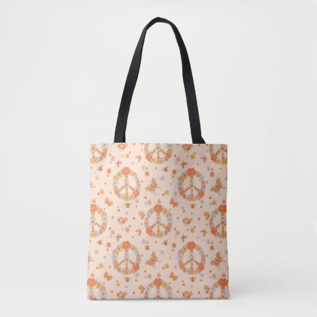 Bolsa Tote Padrão Floral de Paz Laranja (Frente)