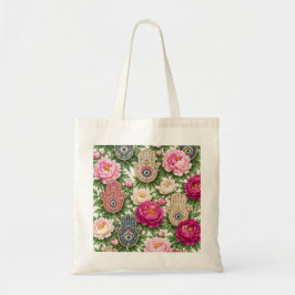 Bolsa Tote Padrão Floral de Peônia Colorida Hamsa Mão Olho do