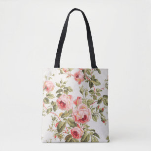 Bolsa Tote Padrão floral de rosas cor-de-rosa vintage