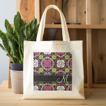 Bolsa Tote Padrão Floral de Trendy Rosa Quente e Monograma Pr<br><div class="desc">Adicione seu nome ou monograma a esta ilustração escondido com flores e círculos gráficos.</div>