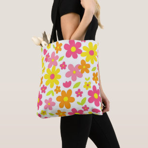 Bolsa Tote Padrão Floral de Verão Brilhante Rosa e Amarelo Re