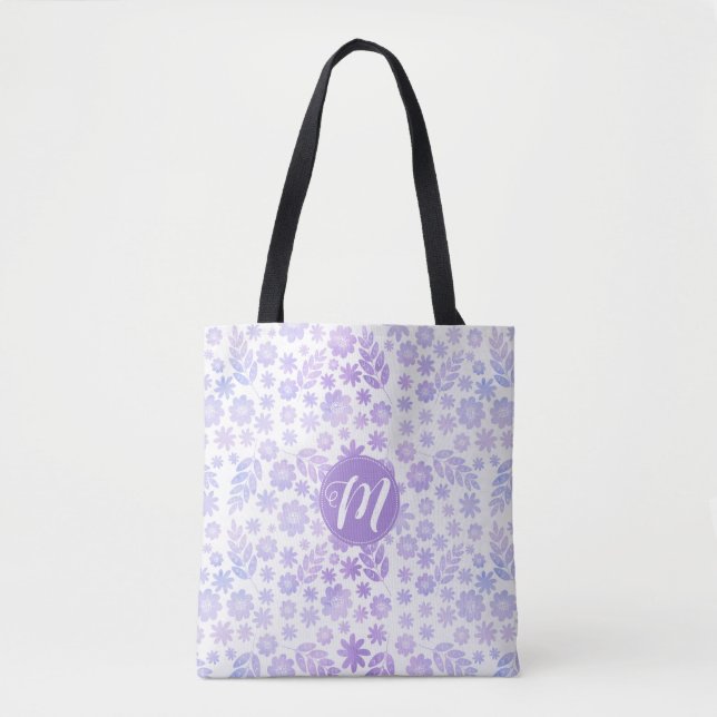 Bolsa Tote Padrão Floral Desenhado da lavanda e Monograma (Frente)
