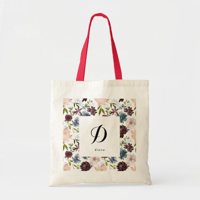 Bolsa Tote Padrão Floral do Marinho Borgonha Nome Personaliza (Frente)
