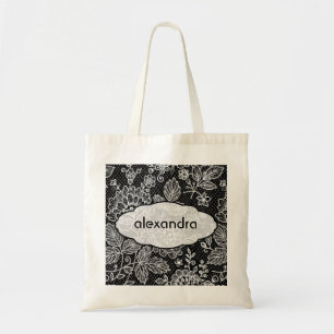 Bolsa Tote Padrão Floral do Ornamentado Preto e Branco