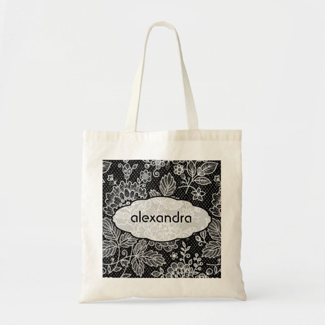 Bolsa Tote Padrão Floral do Ornamentado Preto e Branco (Frente)