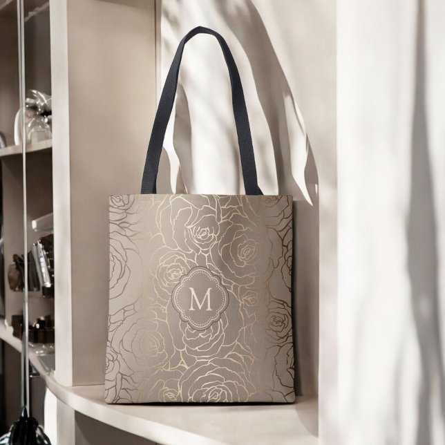 Bolsa Tote Padrão Floral do Taupe Neutro na moda com Monogram (Personalize with any monogram initial.)