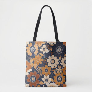 Bolsa Tote Padrão Floral Folclórico Azul Marinho e Mostarda