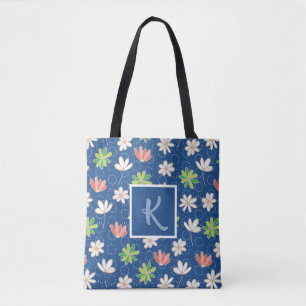 Bolsa Tote Padrão Floral Monograma Azul Ditsy