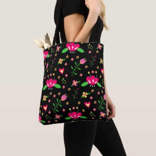 Bolsa Tote Padrão Floral Ocupado em Preto