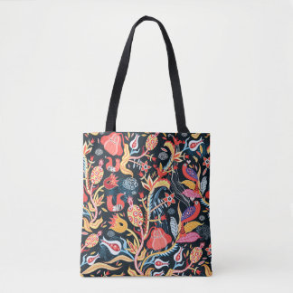 Bolsa Tote padrão floral ornamental com aves numa base escura