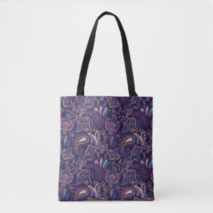 Bolsa Tote Padrão floral paisley étnico vintage azul retrô