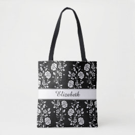 Bolsa Tote Padrão Floral Preto e Branco Botânico Flores
