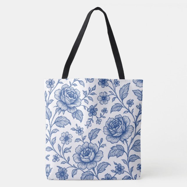 Bolsa Tote Padrão Floral Real de Rosas Azuis (Frente)