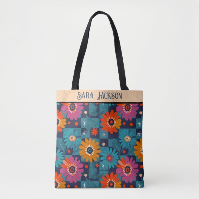 Bolsa Tote Padrão Floral Retro Vibrante com Praças Teais (Frente)