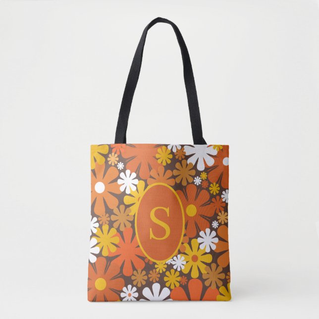 Bolsa Tote Padrão Floral Retroativo 60s 70s com Inicial (Frente)