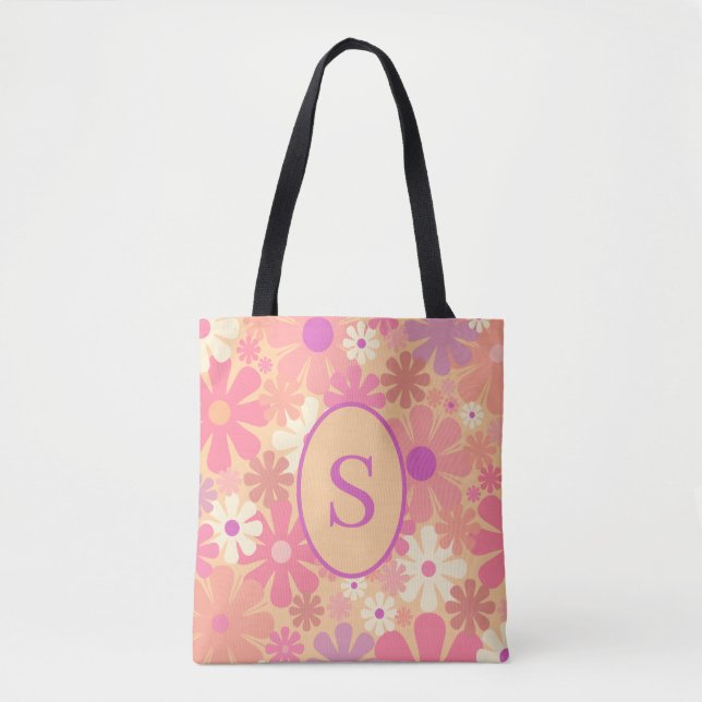 Bolsa Tote Padrão Floral Retroativo 60s 70s com Inicial (Frente)