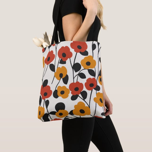 Bolsa Tote Padrão Floral Retroativo Negrito Vermelho, Laranja (Close Up)