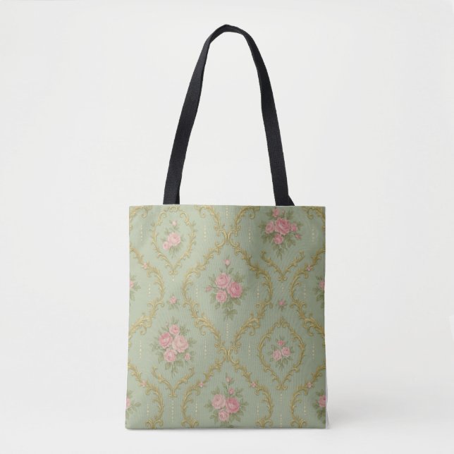 Bolsa Tote Padrão Floral Rococó Elegante em Pastéis Suaves (Frente)