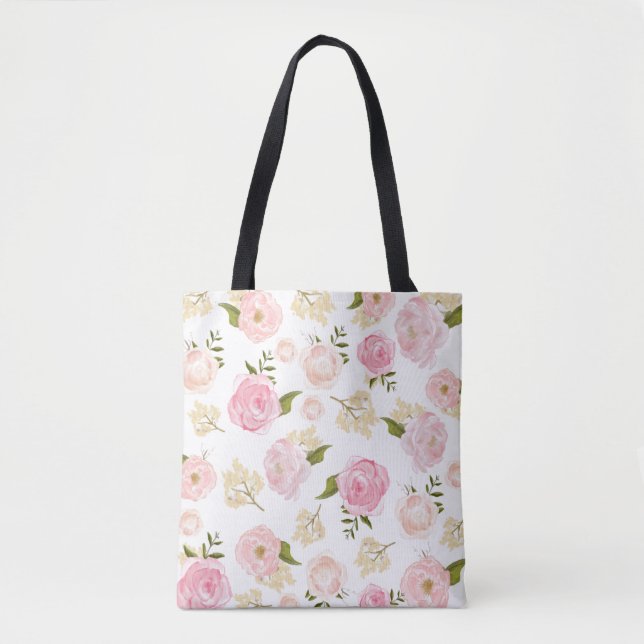 Bolsa Tote Padrão Floral Romântico De Pêonias De Cores Aquáti (Frente)
