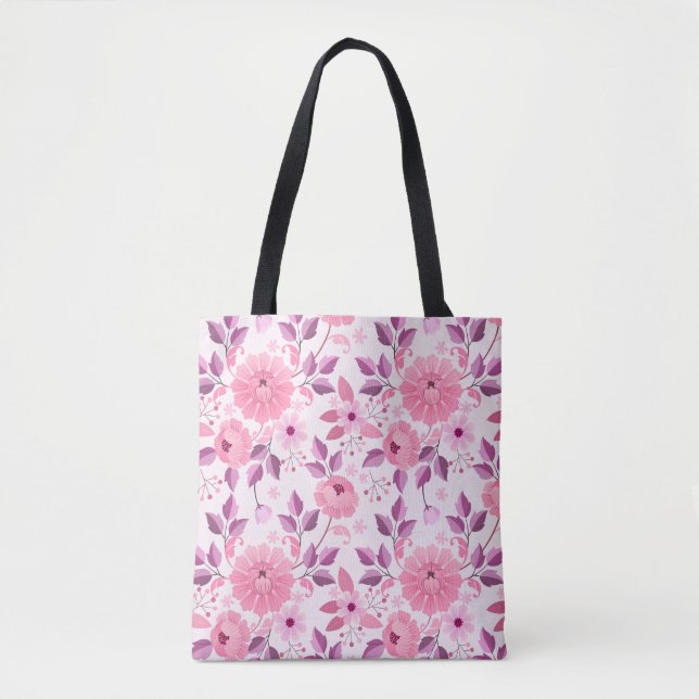 Bolsa Tote Padrão Floral Rosa com Flores Elegantes (Frente)