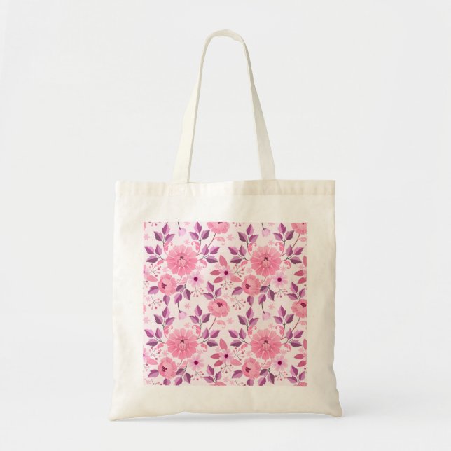 Bolsa Tote Padrão Floral Rosa com Flores Elegantes (Frente)