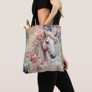 Bolsa Tote Padrão Floral Rosa e Cinza Cabeça de Cavalo Branco