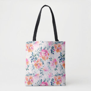Bolsa Tote Padrão Floral Rosa e Teal