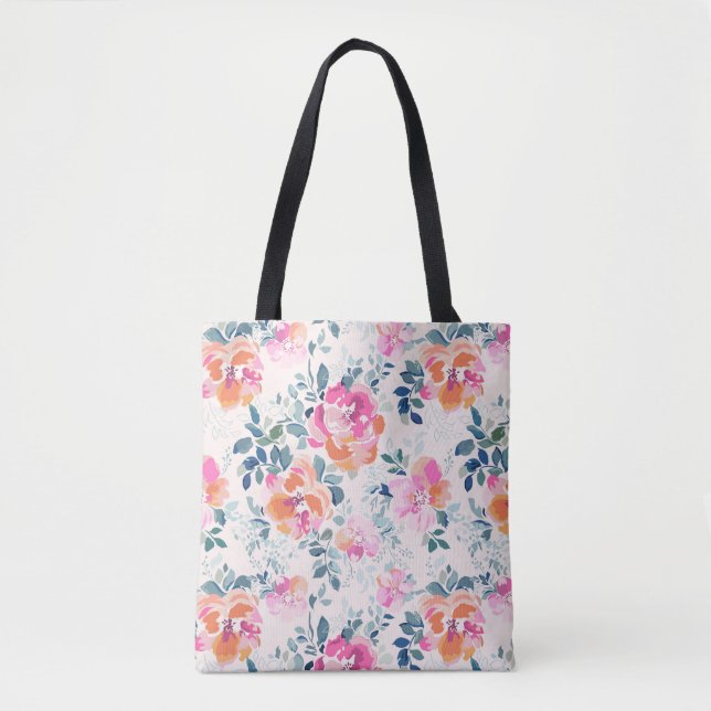 Bolsa Tote Padrão Floral Rosa e Teal (Frente)