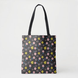Bolsa Tote Padrão Floral Simples de Ilustração Preta e Rosa