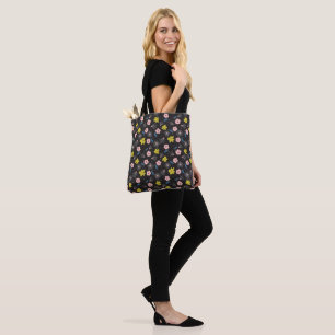 Bolsa Tote Padrão Floral Simples de Ilustração Preta e Rosa