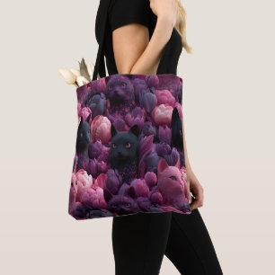 Bolsa Tote Padrão Floral Surrealista de Gato Preto e Peônia R