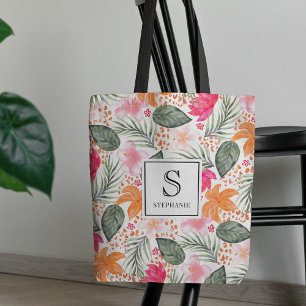 Bolsa Tote Padrão Floral Tropical em Aquarela Monograma Chic