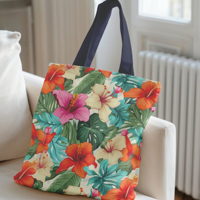 Bolsa Tote Padrão Floral Tropical Vibrante (Criador carregado)