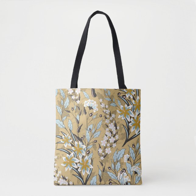 Bolsa Tote Padrão floral uniforme em vinheta num fundo preto (Frente)