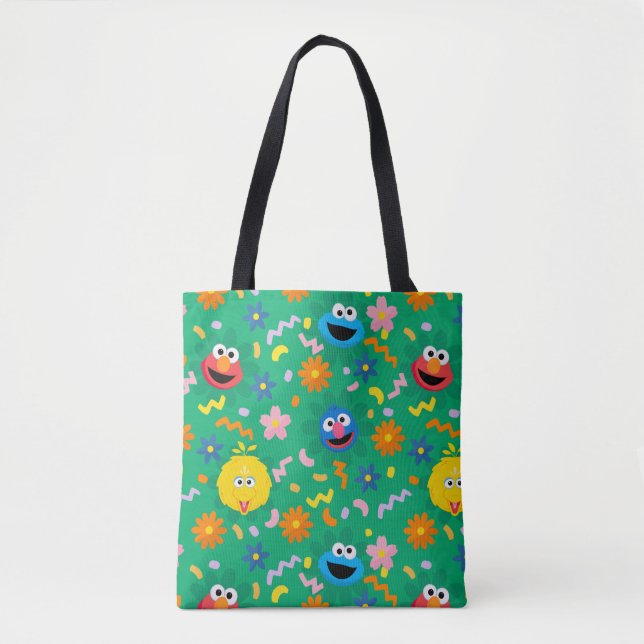 Bolsa Tote Padrão Floral Verde da Rua Sésamo (Frente)