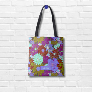 Bolsa Tote Padrão floral verde roxo e preto e nome personaliz