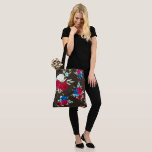 Bolsa Tote Padrão Floral Vermelho Azul Elegante em Marrom Esc