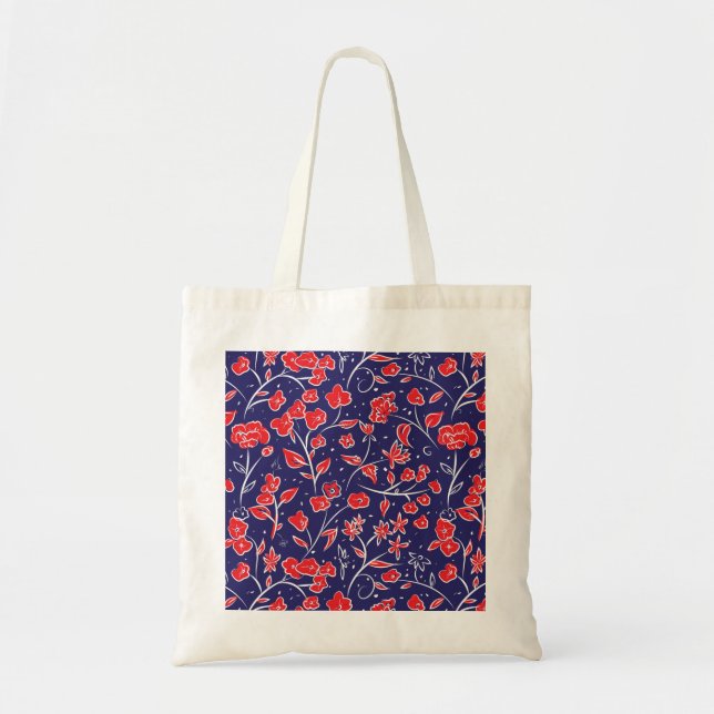 Bolsa Tote Padrão Floral Vermelho e Azul (Frente)