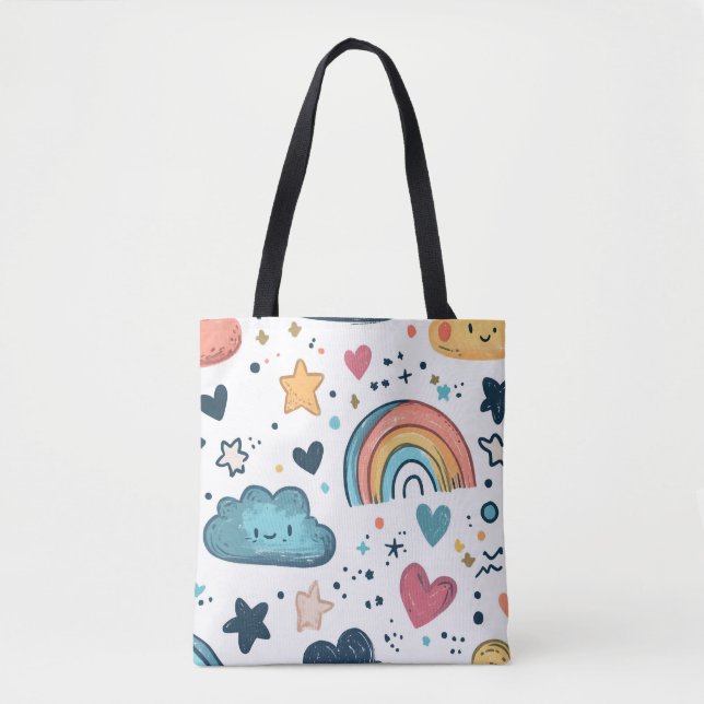 Bolsa Tote Padrão Fofo de Arco-íris com Nuvens e Estrelas (Frente)
