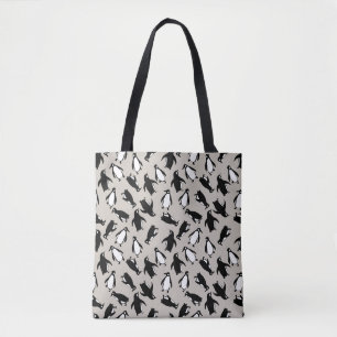Bolsa Tote Padrão fofo de pinguim preto e branco em fundo cin