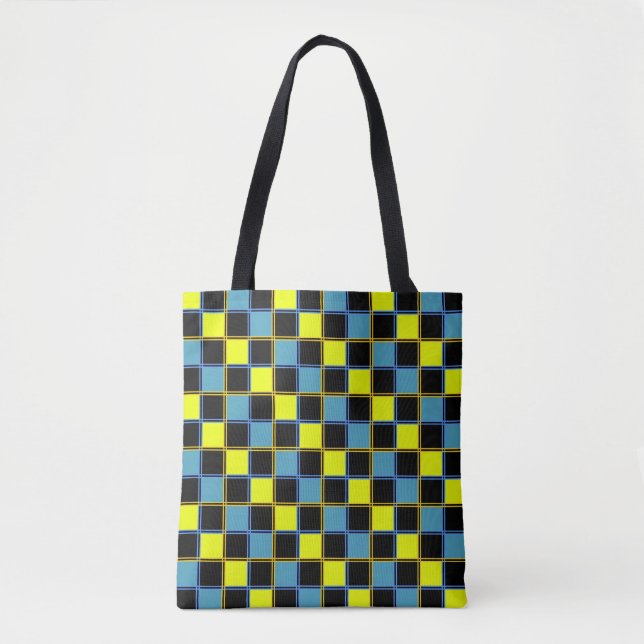 Bolsa Tote Padrão geométrico azul-amarelo (Frente)