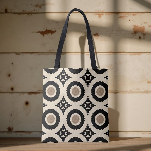 Bolsa Tote Padrão Geométrico Boho Chic Black & Beige (Criador carregado)