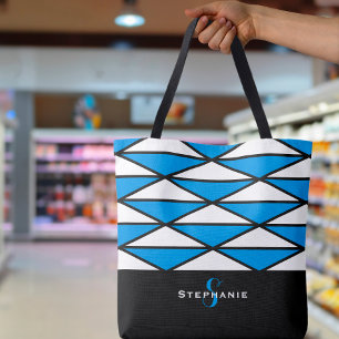 Bolsa Tote Padrão Geométrico Clássico Azul Preto Personalizad